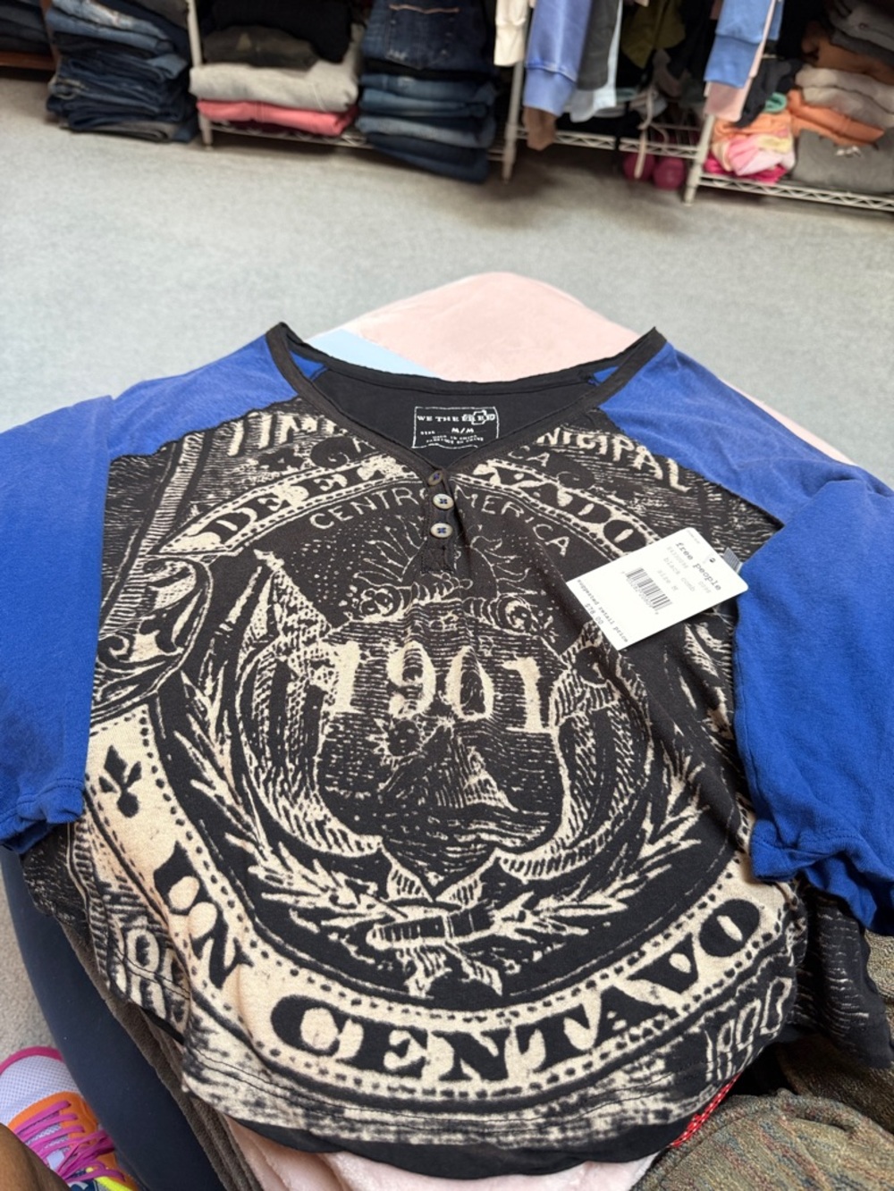 Womans Free People Blue & Black Graphic Raglan Top Sz M NWT $78 Cropped